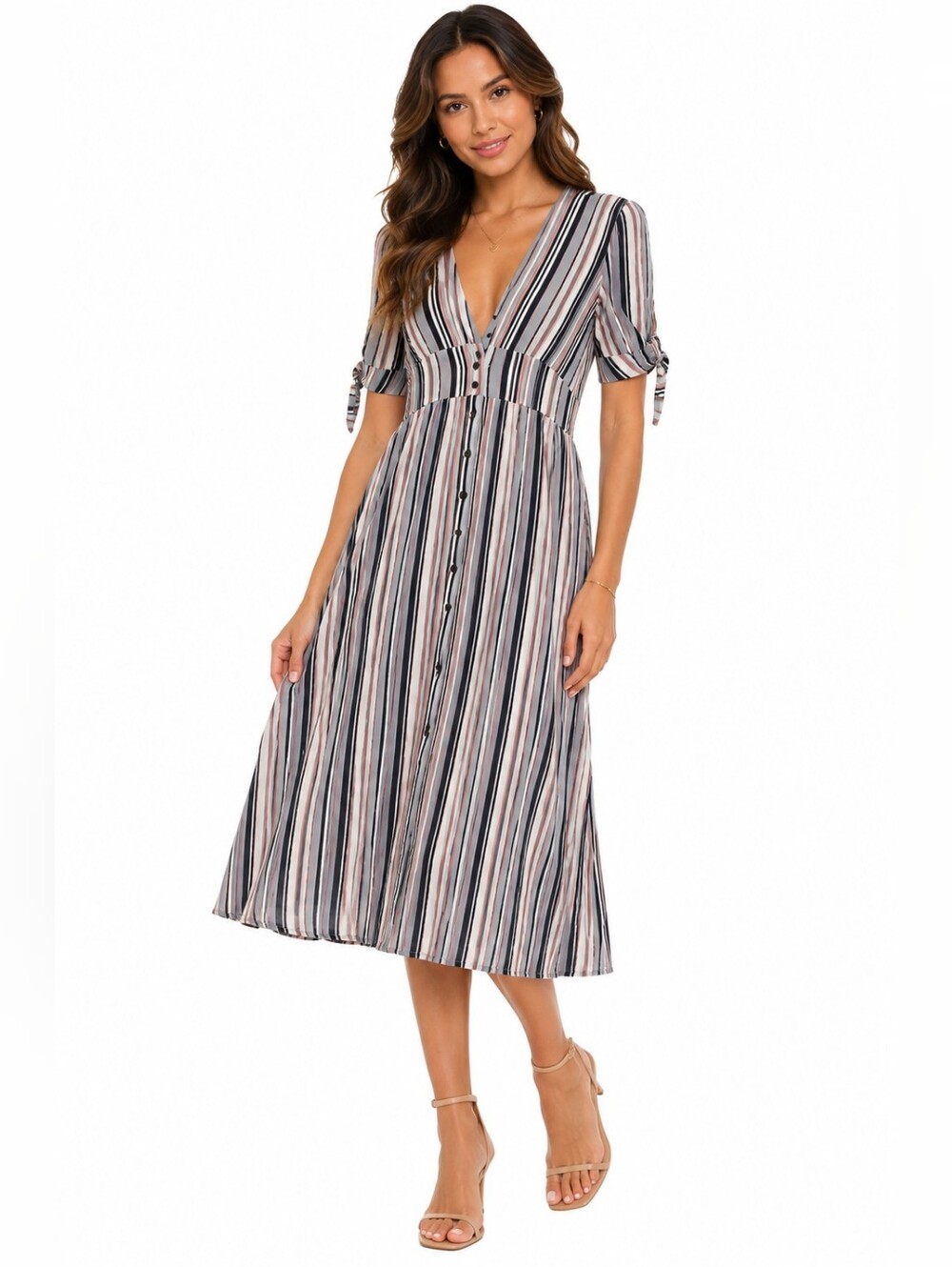 Crescent Striped Button Up Short Sleeve Midi Dress